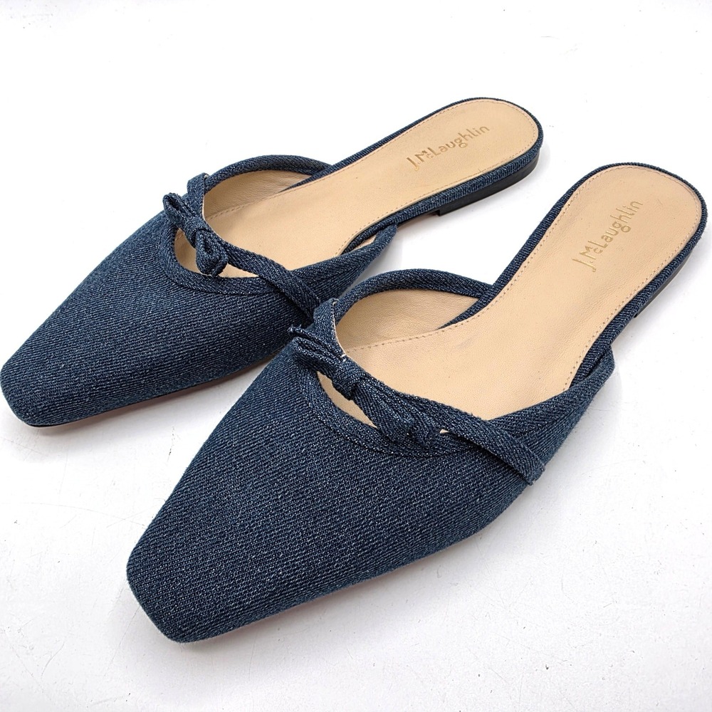 J.McLaughlin Blue Denim Pointed Toe Mule Flats with Bow Accent Size 8.5